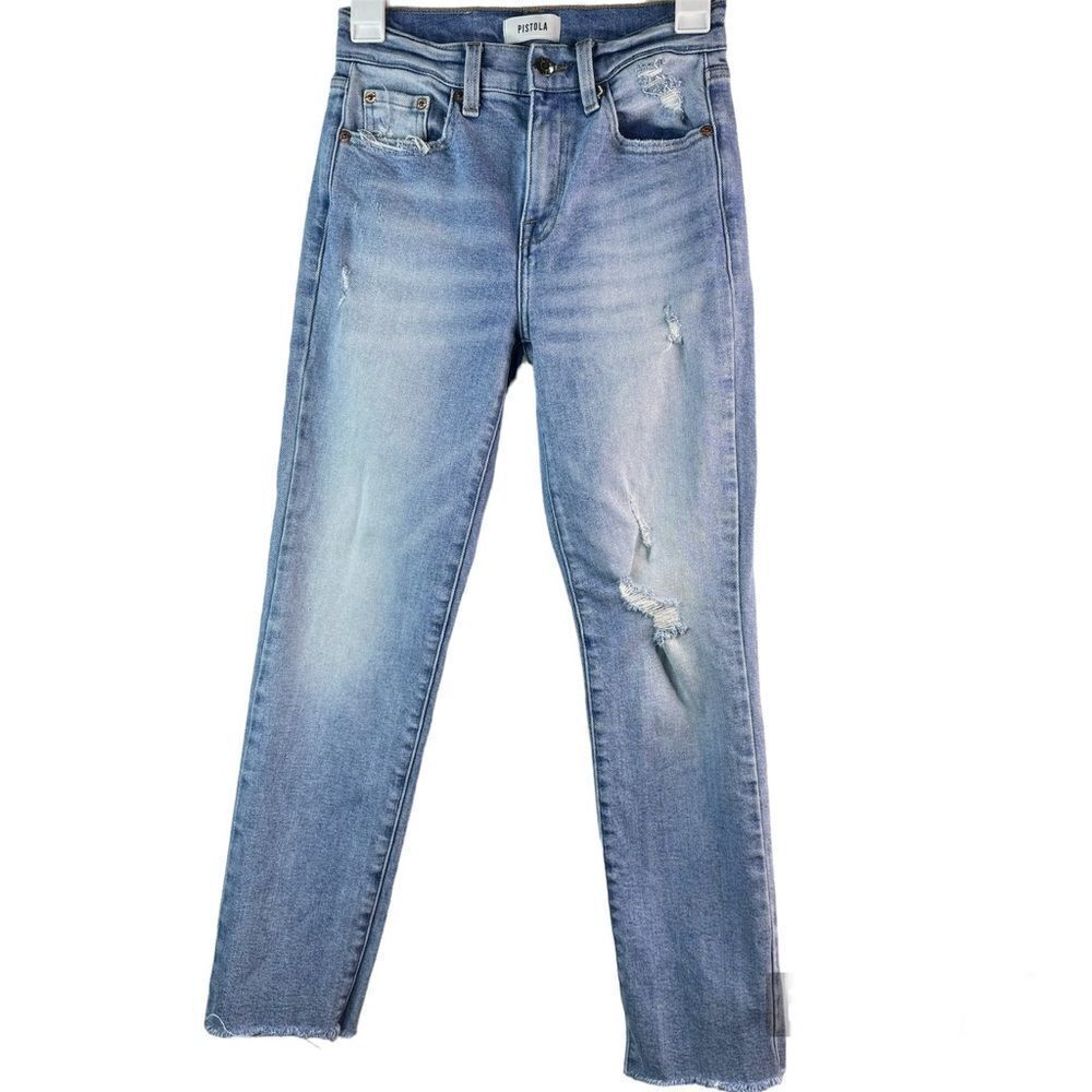 Pistola Distressed Light Blue Wash Straight Leg Cropped Women's Jean Pants Sz 24